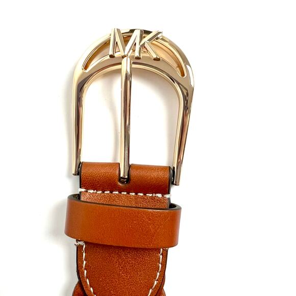 NEW Michael Kors Brown Braided Genuine Leather Belt Gold MK Logo Buckle S/M - Picture 3 of 7